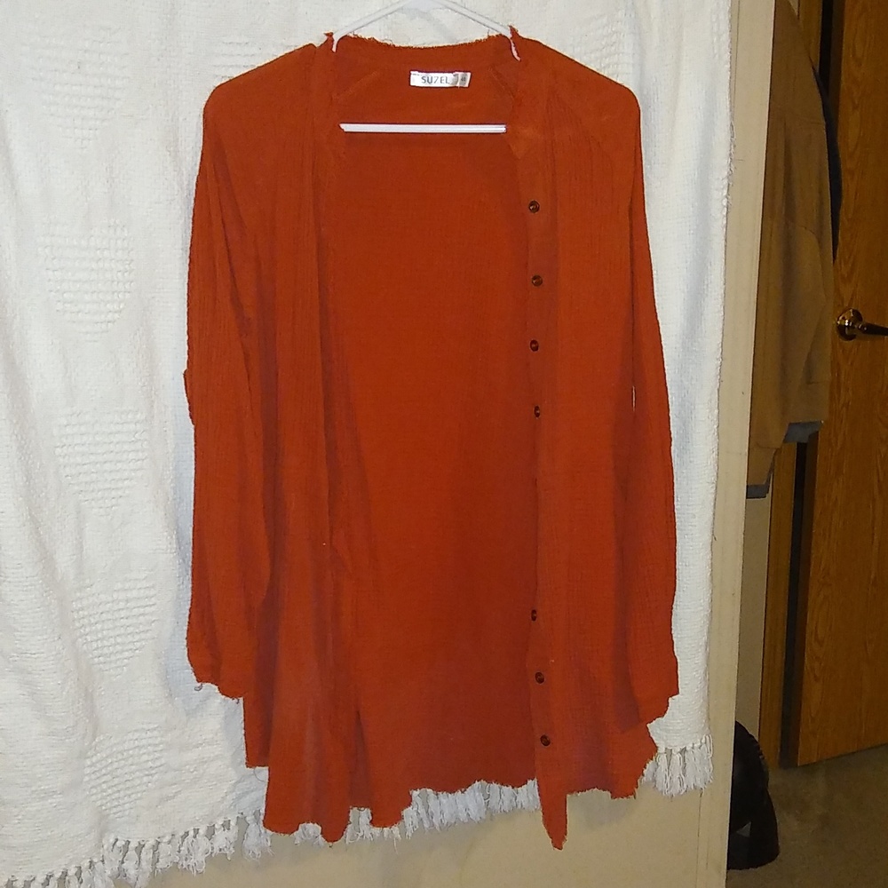 Women's oversized tunic button down with frayed collar and hem